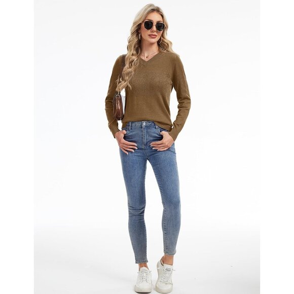 Women's Camel Wool Long Sleeve Crochet Pullover V Neck Lightweight Sweater - Picture 7 of 7